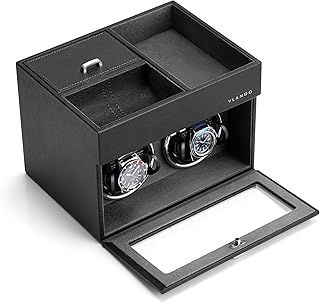 Vlando Automatic Watch Winder Box for 2 Watches- Watch Winder Box with Men Jewellery Organiser Tray, Japanese Quiet Motor, LED Light, Adjustable Watch Pillows, AC Adapter - Black