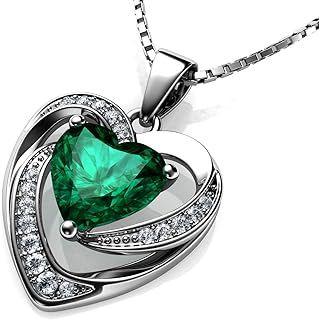 DEPHINI - Green Heart Necklace - 925 Sterling Silver - A+ Cubic Zirconia Crystal Pendant Birthstone - 18" Rhodium Plated Silver Chain