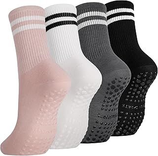 Zuimei 4 Pairs Yoga Grip Socks Women, Non Slip Pilates Socks Grippy Socks Ladies Mid-Calf Grip Socks Breathable Cotton Socks for Ballet, Dance, Workout, Fitness, Running