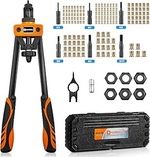 HARDELL Rivet Tool Kits, Rivet Nut Pliers Set, 14" Heavy Duty Hand Rivnut Gun with 150 Rivet Nuts and M3 M4 M5 M6 M8 M10 6 Metric Mandrels，Heat-treated Alloy Steel better for Thick Sheet Steel
