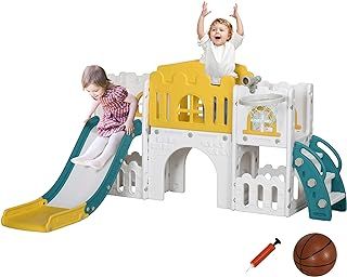 Kids Slide, 7 in 1 Toddler Slide for Indoor Use, with Basketball Hoop, Climber, Telescope, Tunnel, Steering Wheel, platform Aisle, Storage Basket, for Ages 1-3 Years, Yellow