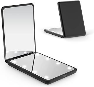 wobsion Pocket Mirror, Led Compact Mirror,1x/3x Magnifying Mirror with Light,2-Sided Handheld Magnetic Switch Fold Small Travel Makeup Lighted Mirror for Purse,Gifts(Black)