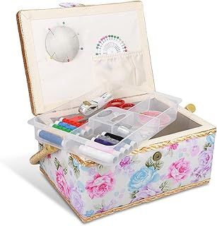 Navaris Sewing Box with Accessories - Sewing Basket with Organiser Tray Compartments 24.5 x 17.5 x 12.5 cm - Includes 76 Piece Kit - Rose Design