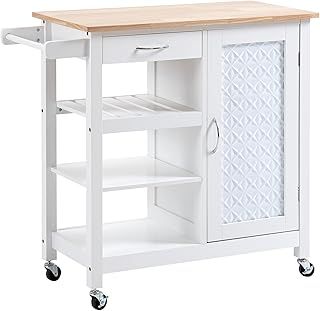 HOMCOM Kitchen Trolley, Kitchen Island on Wheels with Embossed Door Panel, Utility Kitchen Cart with 3 Storage Shelves, White