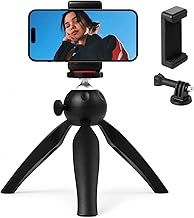 Mini Phone Tripod Small Tabletop Travel Tripod for Cellphone with Phone Stand Holder, Gopro Mount & 360° Rotating Ballhead, Selfie Stick Compatible with Smartphone, Gopro and Projector