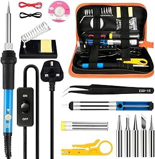 Soldering Iron Kit,60W Soldering-Iron Gun with Adjustable Temp 200-450°C and ON/Off Switch,5 Soldering Tips, Desoldering Pump, Solder Wire,2 in 1 Wire Stripper Cutter, Soldering Iron Stand, Tool Case