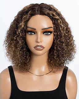 Highlight Brown Short Curly Bob Wig Human Hair Glueless for Black Women 10 Inch Middle Part Lace Deep T Part Jerry Non Lace Front (Color: TT PI4/27)