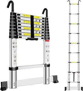 Exleiter Extendable Telescopic Ladder 2.6M, Aluminium Telescoping Ladder with Detachable Hooks and Stabiliser Bar, Adjustable Height Portable Sturdy Loft Ladder Secure Climbing for Home