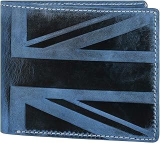 Hudson & James Designer London Real Distressed Leather Mens Wallet with Zip Coin Pocket Credit Carder Holder Bifold Purse UK Union Jack (Blue)