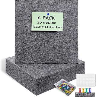 6 Pack Felt Board Tiles for Wall with 60 Small Push Pins, 30x30cm Pin Display Tack Board with Adhesive Tabs, Cork Felt Panels Squares Bulletin Board for Photos, Pictures, Memos (Dark Grey)