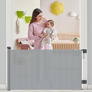 Retractable Stair Gate Extend up to 55” wide, 33.86” Tall with Drilling and Non-Drilling Accessories, Baby Gate One Handed Silent Operation Grey Dog Gate for Stairways/Indoor/Outdoor