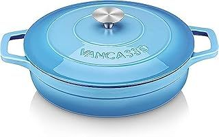 vancasso Dutch Oven, 3 Liters Round Shallow Casserole Dish with Lid, Natural Non-Stick Slow Cook Enameled Cast Iron Pot, Blue Exterior with Cream Interior, 28cm