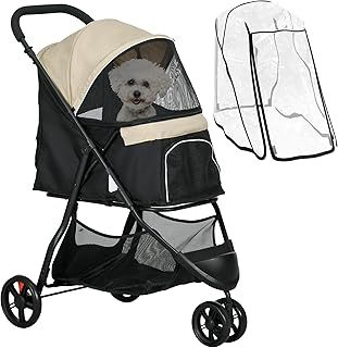 PawHut Dog Pram with Rain Cover Pet Stroller, Foldable Dog Pushchair for Small and Miniature Dogs, Cats - Khaki