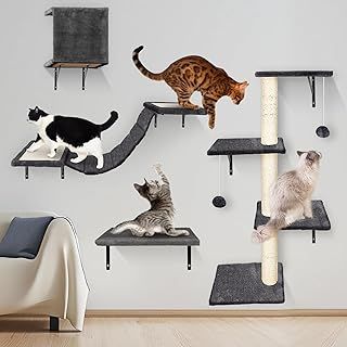Cat Climbing Frame Set, 4 in 1 Stable Cat Wall Furniture Set, Cat Tree for Indoor, Cats Wall Shelves with Cats Scratching Posts, Steps, Play Towers, Shelf andHouse - Grey