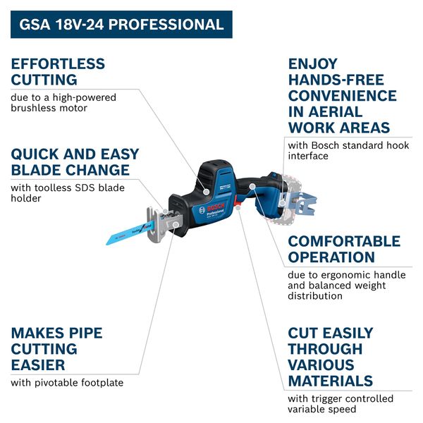 Bosch Professional 18V System Cordless All Purpose Saw GSA 18V-24 (incl. S922EF, S2345X, Ladder Hook kit, L-BOXX)