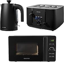Salter COMBO-8801 Kuro Matching Kitchen Countertop Breakfast Set, Rapid Boil 1.7L 3kW Kettle, 4-Slice Anti-Jamming Toaster, 20L 800W Digital Dial Microwave, Black, Plastic