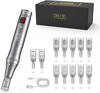 PELCAS 9-Speeds Microneedling Pen LCD Screen Dermapen with 12Pcs Cartridges Type-C Rechargable Electric Derma Penfor Face Body Beard Hair and Skin Care-Black