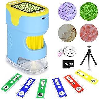 KozyOne Handheld Digital Microscope for Kids with 2'' HD Screen, 200~1000X Pocket Microscope, Starter Kit with 6 Random Specimen Slides and 32G SD Card Included, Educational Gift for Children Age 6+