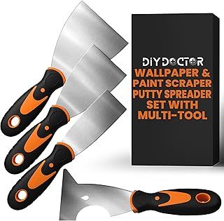 DIY Doctor 4-Piece Wallpaper Scraper Set – Includes 3 Strippers & 1 Multifunctional Putty Scraper – Paint Scraper Tools in Sizes 1.5", 2.5", 3.5" – Perfect for Wallpaper Removal, DIY & Painting Tasks