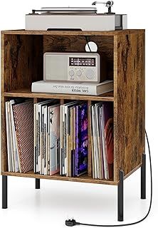 COSTWAY Record Player Stand with Charging Station, Turntable Stand End Side Table with 5 Shelves for 150 Albums, Metal Legs Vinyl Record Storage Cabinet Holder for Living Room Bedroom (Rustic Brown)