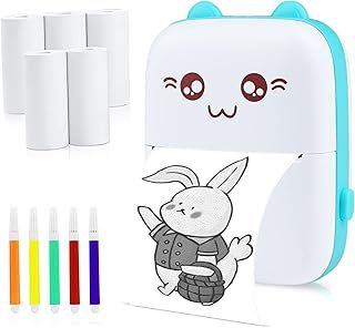 Mini Thermal Printer, Bluetooth Labler Maker, Portable Label Printer Compatible with Android and ios, Printable Photos, Lists, QR Codes, Notes(With 5 Roll Paper+5 Colored Pens) (Blue)