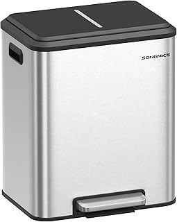 SONGMICS Kitchen Bin, 2 x 4 Gal. (2 x 15 L) Double Bin for Recycling and Waste, Rubbish Bin, Inner Buckets, Steel, Soft-Close Lid, Wide Sturdy Pedal, Metallic Silver LTB544E01