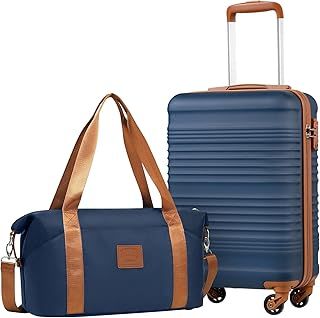 COOLIFE Cabin Suitcase 55×35×20cm and Cabin Bag 20L(40×25×20cm) Set for Ryanair Airlines Carry on Hand Cabin Luggage Hard Shell Suitcase Lightweight with TSA Lock (Blue/Brown, 55×35×20cm -Set 2pcs)