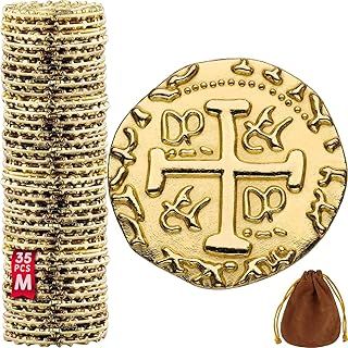 Metal Pirate Coins - 35 Gold Treasure Coin Set, Metal Replica Spanish Doubloons for Board Games, Tokens, Toys, Cosplay - Realistic Money Imitation, Pirate Treasure Chest, Medium Size 22 mm