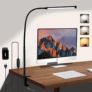 CUHIOY Desk Lamp with Metal Clamp, USB Powered Eye-Caring LED Desk Light with Plug, 3 Colors 10 Brightness, Flexible Gooseneck Clip on Table Lamp for Home Office, Work, Reading, Nail, Craft, Architect