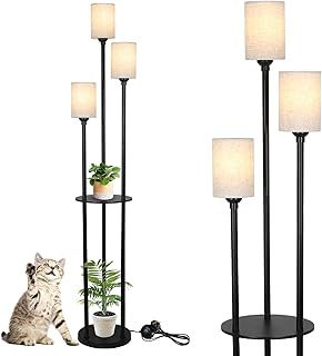 Floor Lamp with Shelves, Modern Floor Lamps for Living Room, 3-Lights Standing Lamp with Linen Shades and Foot Switch, Industrial Standing Lamps for Bedroom, Black Tall Lamp for Office, Corner