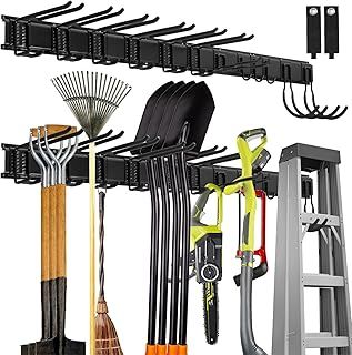 Sinoer Garage Garden Tool Organizer Wall Mount, Tool Storage Rack with 12 Hooks with 2 Straps, for Trimmers, Hoses,Garden Tools, Chairs