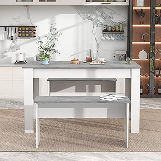 Stylish Dining Table Set: Artificial Marble Dining Table with 2 Benches - Perfect for Kitchen, Dining Room, and Small Spaces - Grey and White