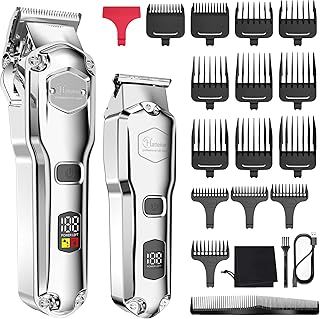 Hatteker Hair Clipper & Trimmer Set for Men IPX7 Waterproof Cordless Barber Clipper for Hair Cutting Kit with T-Blade Trimmer Beard Trimmer Kids Clipper Professional USB Rechargeable (Silver)