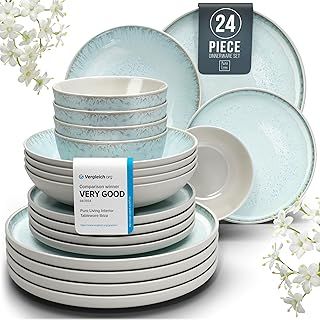 18 Piece Dinner Sets for 6 People - Beautiful Mediterranean Style Stoneware Dinner Set for 6 - Dishwasher & Microwave Safe Plates and Bowls Set for 6 - Dinnerware Sets by Pure Living in Beige-Blue