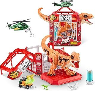 ROBO ALIVE Dino Escape, Series 1, Dinosaur and Helicopter Playset, Battery-Powered Robotic Light Up Toy, (T-Rex)