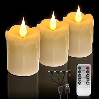 3 PCS Real Wax Rechargeable Flameless Warm White LED Candles,Remote Control,Brightness Adjustable Flickering Battery Operated Tea Lights Candles with Timer,for Christmas, Wedding, Home Decor