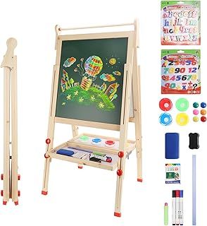 Dripex Kids Easel, Children's Wooden Art Easel Foldable, Double-Sided Magnetic Blackboard & Whiteboard for Kids and Toddlers, Chalkboard with Painting Art Supplies