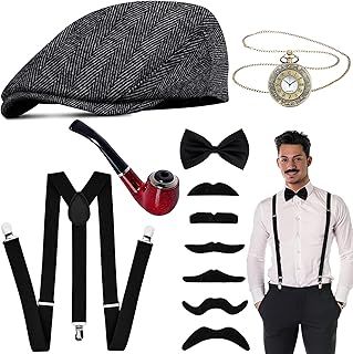 Goenb 1920s Mens Costume Accessories, 1920s Accessories with Hat Suspenders Pocket Watch Gangster Roaring Accessories for Men Adult for Gatsby Cosplay