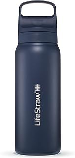 LifeStraw Go Series — Insulated Stainless Steel Water Filter Bottle for Travel and Everyday Use Removes Bacteria, Parasites and Microplastics, Improves Taste, 24oz Aegean Sea