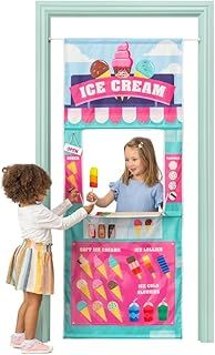Pop Up Play Town Hanging Doorway Ice Cream Shop, Kids Role Play Toys with Curtain and Tension Rod for Kids 3-7