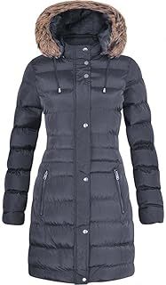 Spindle Womens Long Fur Trimmed Hooded Padded Puffer Parka Ladies Winter Jacket Coat