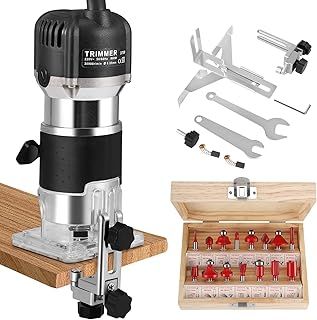 Palm Router Tool, 800W 30000Rpm Woodworking Hand Router with Trimmer Base & 15Pcs 1/4"(6.35mm) Router Bits Set, 6 Variable Speeds Handheld Wood Trimmer Router with Straight Guide, 220V (Black)