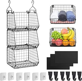 3 Tier Fruit Baskets for Kitchens Metal Hanging Storage Organiser for Wardrobe Clothes Shelves Fruit Shelf Vegetable Rack for Kitchen Basket Wall Mounted Wire Fruit and Vegetable Storage Veg Rack