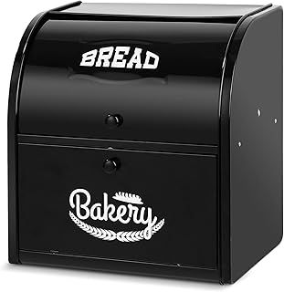 Metal Double Compartment Bread Box Roll Top Bread Box Kitchen Food Storage Bin, Counter-top Bread Keeper Double Layer Bread Storage (Black) - No Installation Required