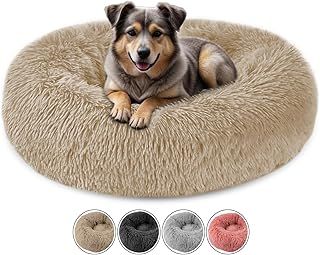 70cm Beige Doughnut Dog Bed – Fluffy, Washable Round Pet Bed with Anti-Slip Waterproof Bottom for Small and Medium Dogs, Puppies, and Cats