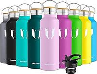 Super Sparrow Water Bottle Stainless Steel - 350ml/500ml/620ml/750ml/1L- Insulated Metal Water Bottles - Standard Mouth Flask - BPA Free - Straw Bottle for Work, Gym, Sports - 2 Lids