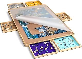 Puzzle Board with Cover & 6 Press Open/Close Drawers, Wooden Jigsaw Puzzle Table with Colored Drawers, Portable Puzzle Storage with Smooth Flannelette Tabletop for 1500 Piece Jigsaw Puzzles