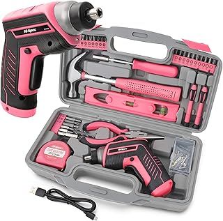Hi-Spec 35pc Pink Tool Kit Set with USB Power Electric Screwdriver 3.6V. Tool Set for Home DIY Repair. Women Ladies Starter Basic Hand Tools in a Portable Toolbox Case
