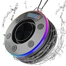 Bluetooth Shower Speaker, Portable Bluetooth Speaker Wireless with Time Display, IPX7 Waterproof Speaker with RGB Lights, Radio, Mini Speaker with Suction Cup for Bathroom, Party,Travel,Outdoor, Black
