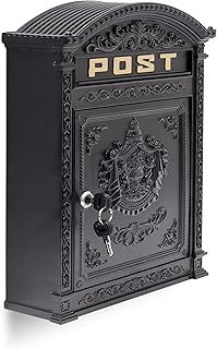 Relaxdays Antique Letterbox, 44.5 x 31 x 9.5 cm, English-Style Wall-Mount Mailbox, Cast Aluminum, for DIN A4 Letters, with Roof, Black